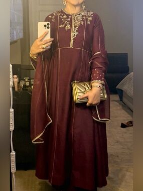 Maroon Embroidered Maxi Dress with Gold Trim